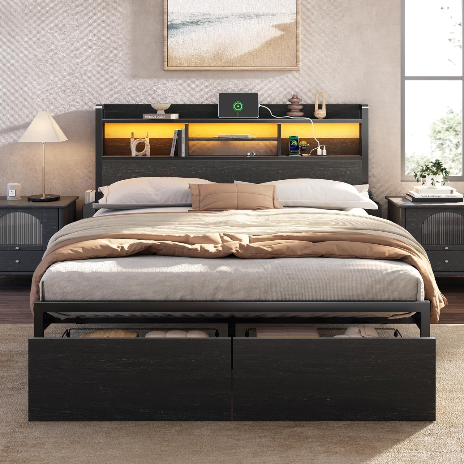 Full Size Bed Frame with Wood Headboard, Metal Platform Bed Frame Full Size with 2 Storage Drawers and Shelf, LED Lights and Charging Station, No Box Spring Needed, Noise Free, Black