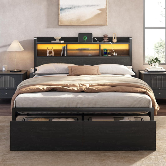 Full Size Bed Frame with Wood Headboard, Metal Platform Bed Frame Full Size with 2 Storage Drawers and Shelf, LED Lights and Charging Station, No Box Spring Needed, Noise Free, Black