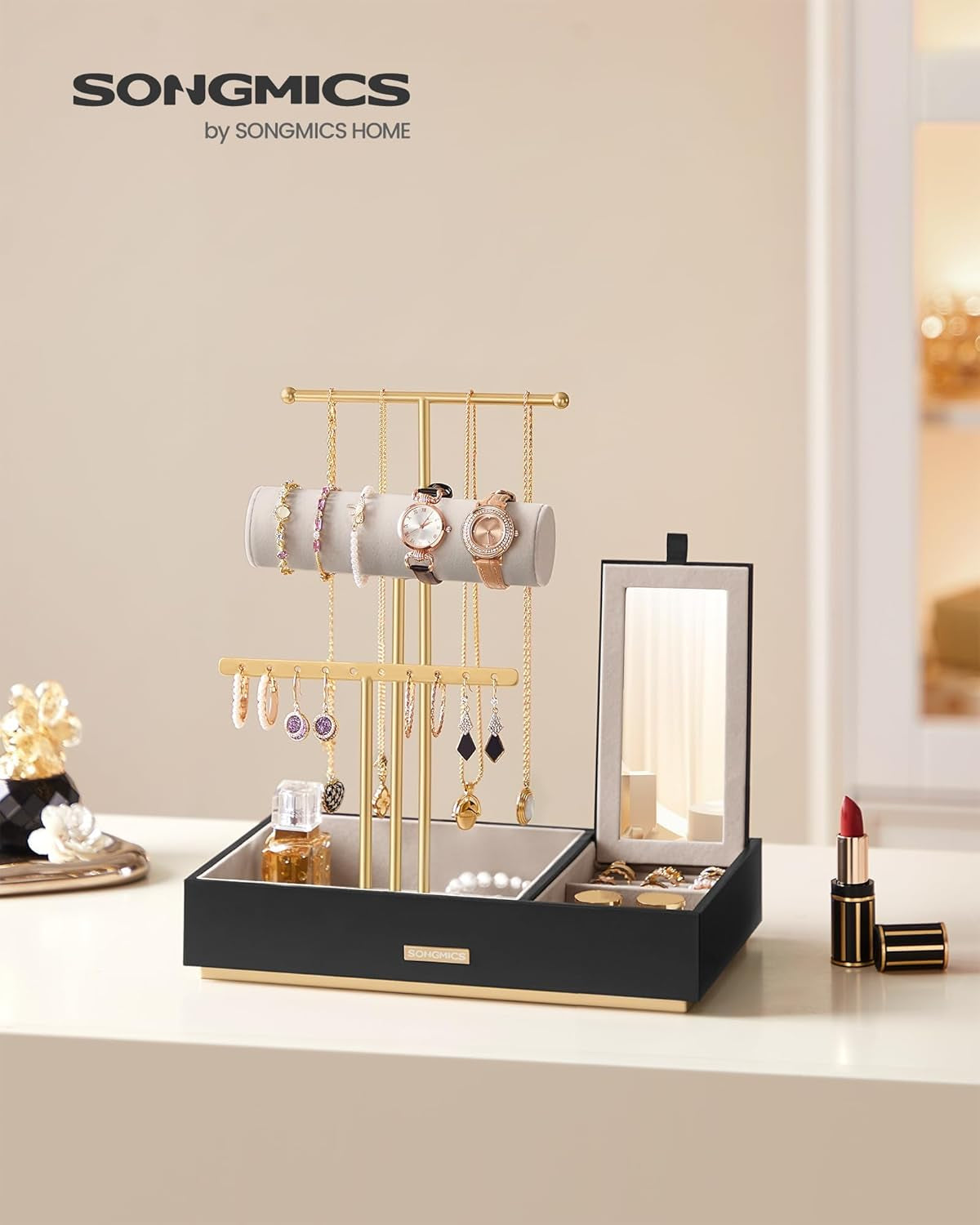 Jewelry Holder, Jewelry Organizer, Jewelry Display Stand, Metal Earring Organizer with Mirror, with Necklace Earring Bracelet Holder, for Rings, Gift Idea, Black and Gold UJJS022B01