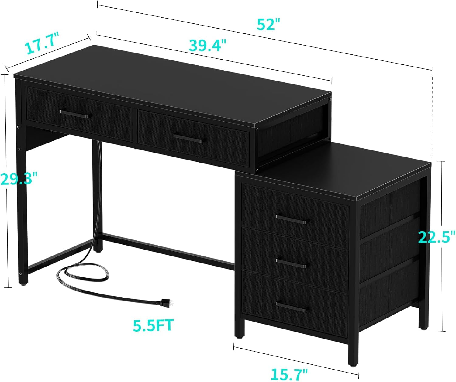Reversible Computer Desk with 5 Drawers, Sturdy Office Desk with Power Outlets and USB Ports, Corner Writing Table with File Cabinet & Printer Stand, Vanity Desk with Storage, Black