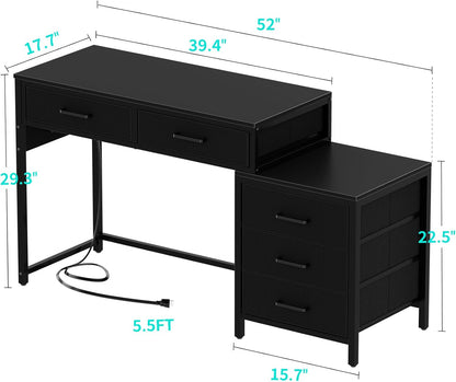 Reversible Computer Desk with 5 Drawers, Sturdy Office Desk with Power Outlets and USB Ports, Corner Writing Table with File Cabinet & Printer Stand, Vanity Desk with Storage, Black