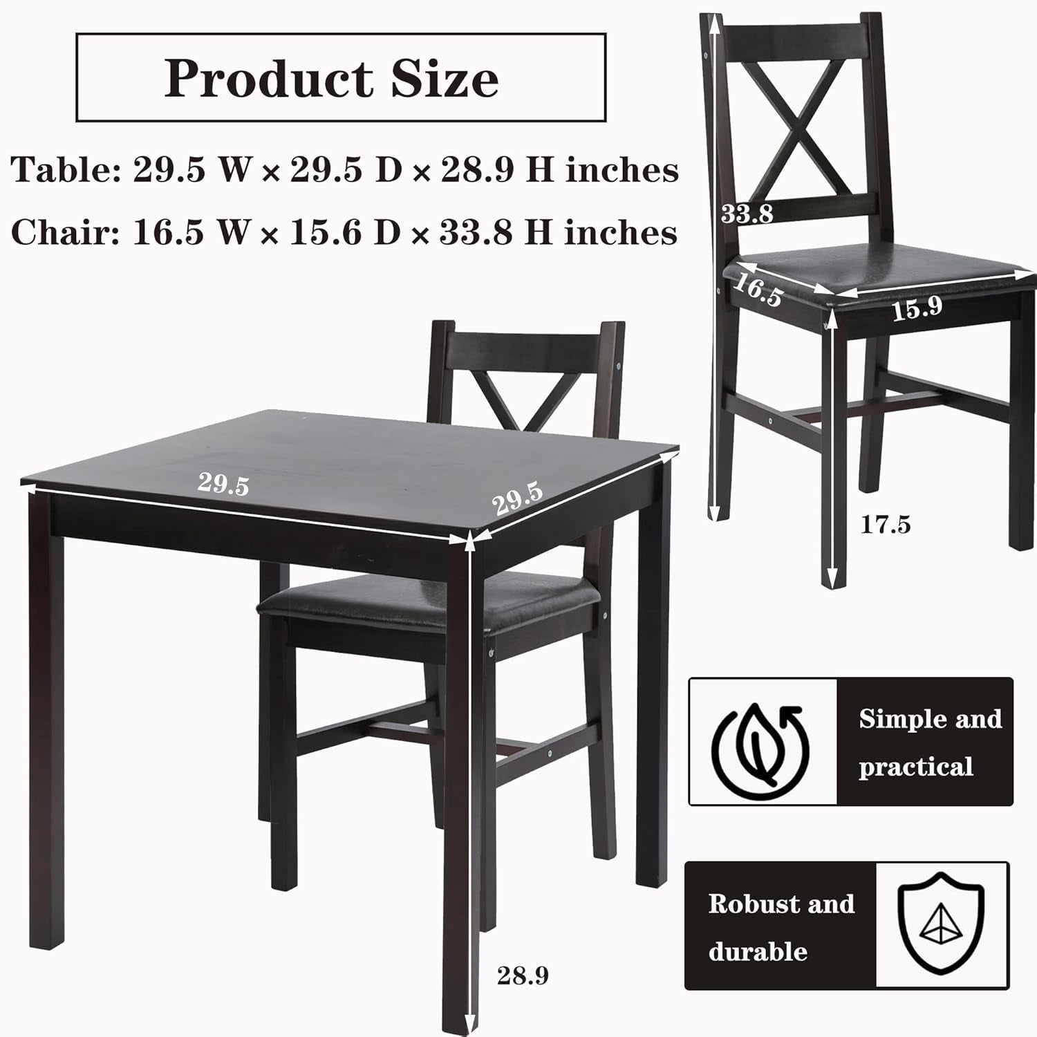 Kitchen Table Set 3 Piece Wooden Dining Table Set for 2 Person Square Table and Chair Small Farmhouse Table Set for Kitchen Restaurant, Brown