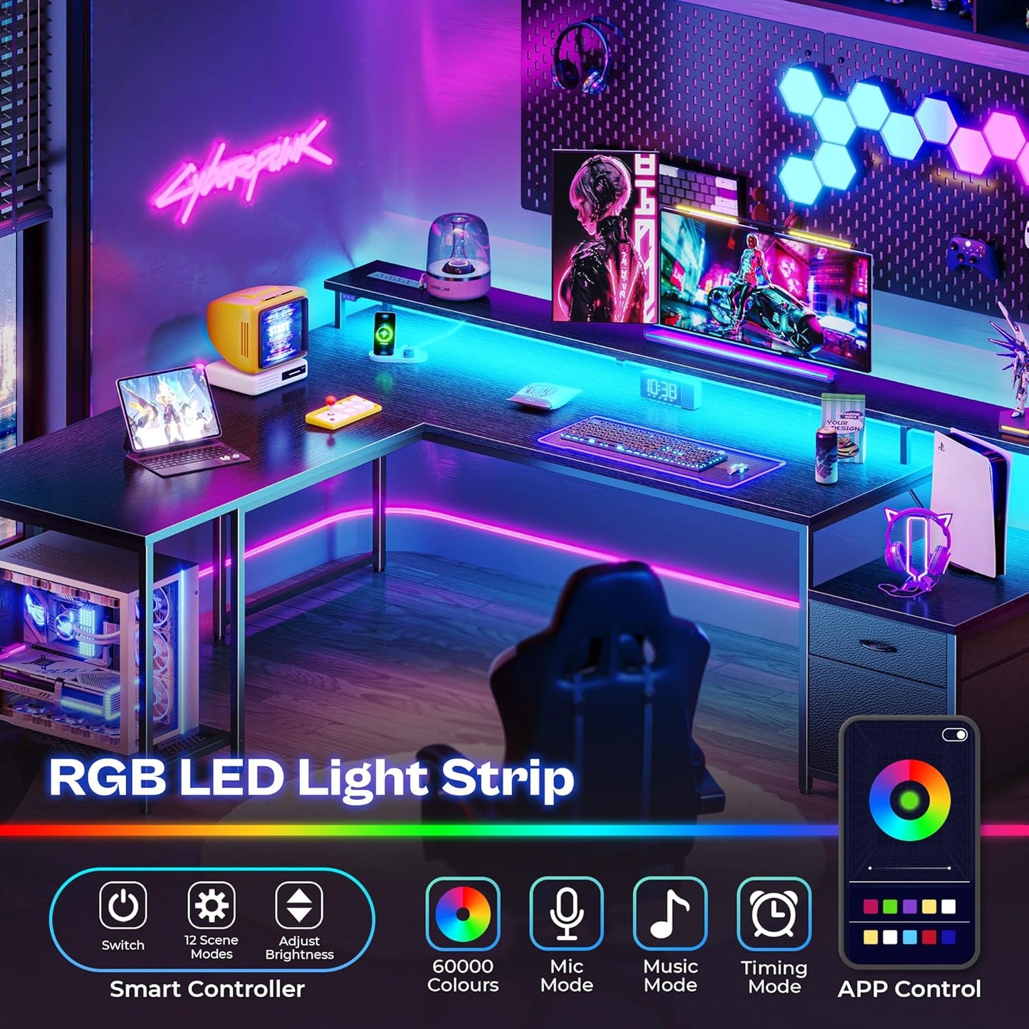 66 Inch L Shaped Computer Desk with Power Outlets and LED Lights, Home Office Desk with Fabric Drawers and Print Stand, L Shape or Long Set Up, Monitor Stand, Mesh CPU Stand, Black