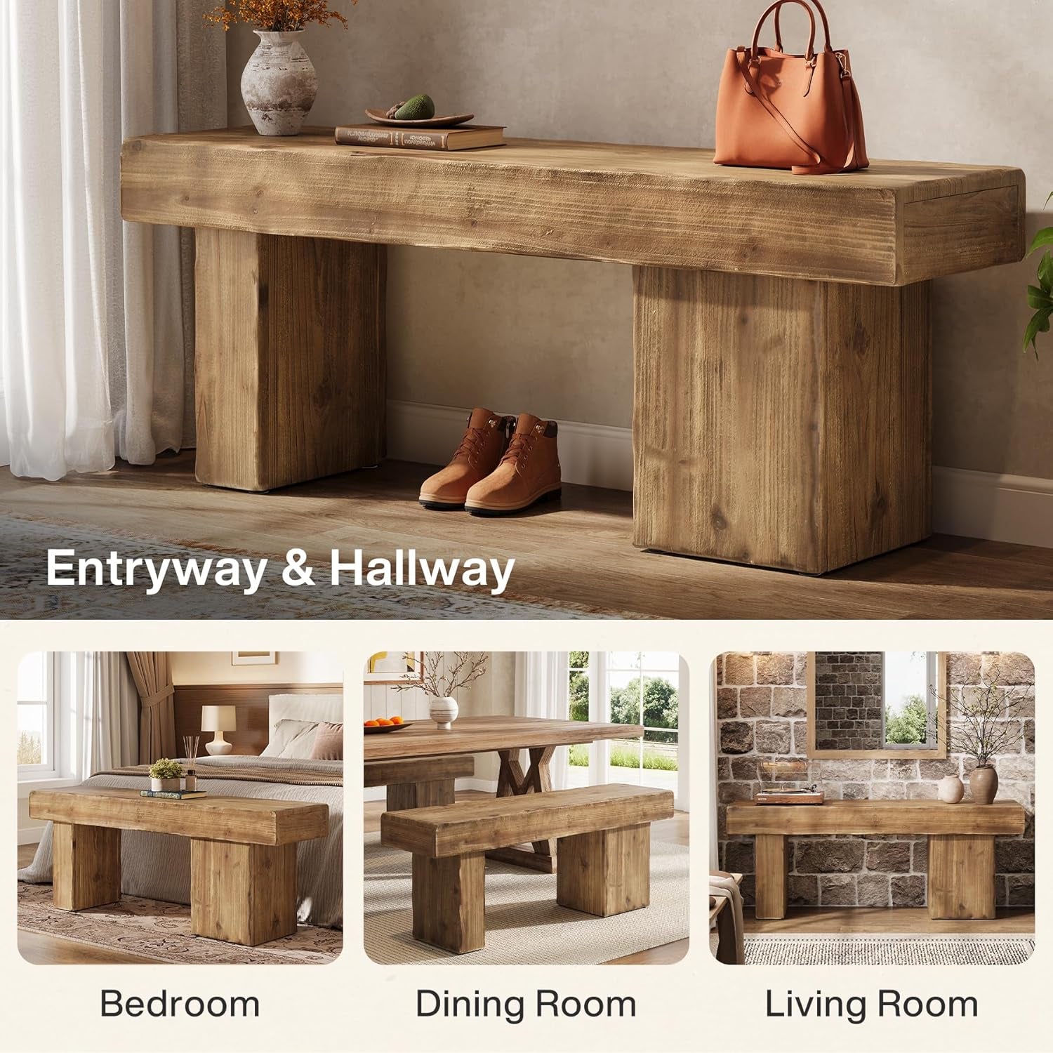 Thickened Solid Wood Bench, 47" Rustic Farmhouse Entryway Bench with Artistic Legs, Heavy Duty Dining Bench for Kitchen, Living Room, Hallway, End of Bed, Natural Wood