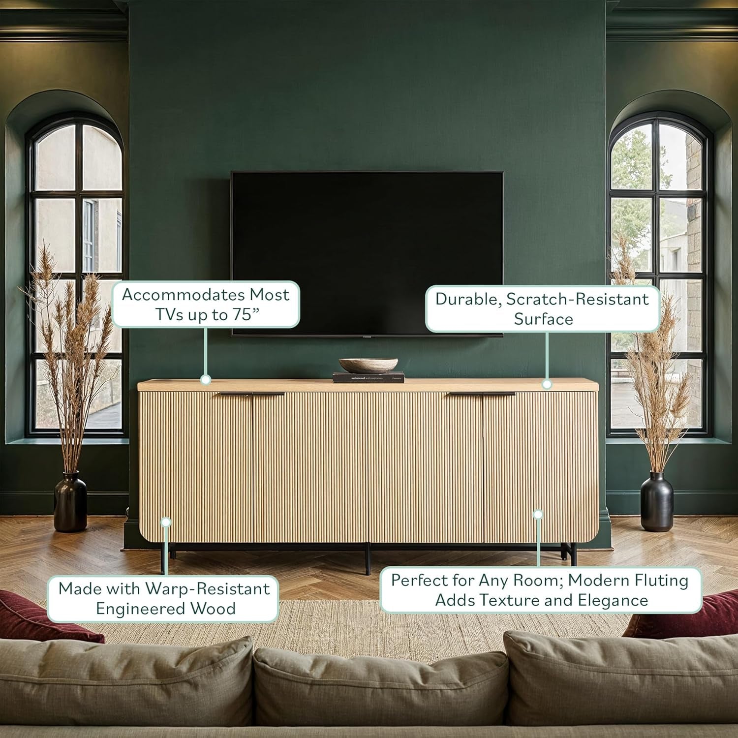 Reema Fluted 4-Door Kitchen Sideboard Buffet Console, 69 Inch, Coastal Oak