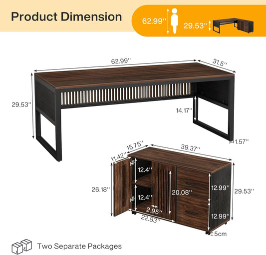 63-Inch L-Shaped Executive Desk with Mobile File Cabinet, Large Office Computer Desk, Business Furniture Table with Drawers and Storage Shelves for Home Office, Dark Walnut & Black