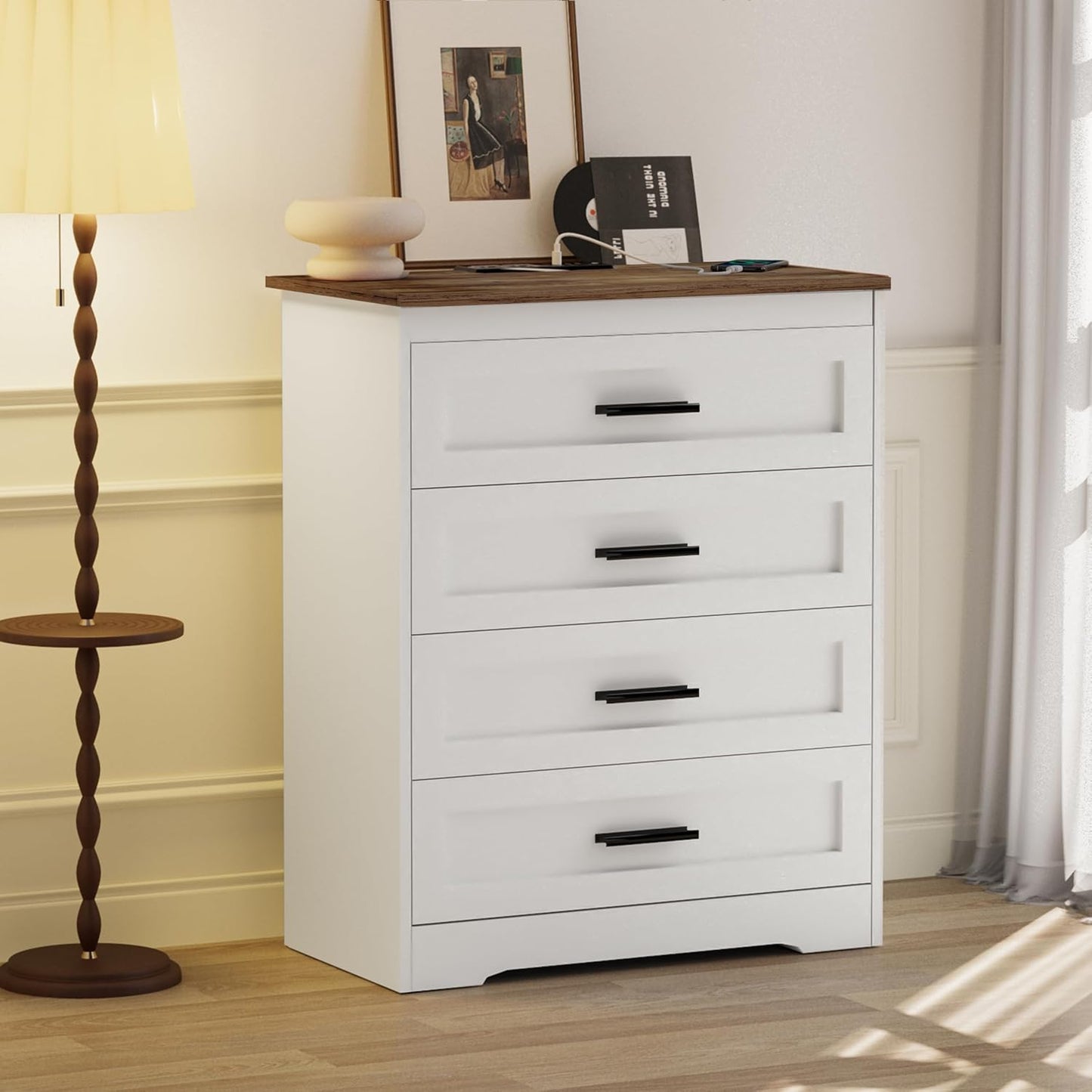 Farmhouse 4 Drawers Dresser for Bedroom Rustic Chest of Drawers with Natural Texture White Drawers Organizer for Living Room Hallway