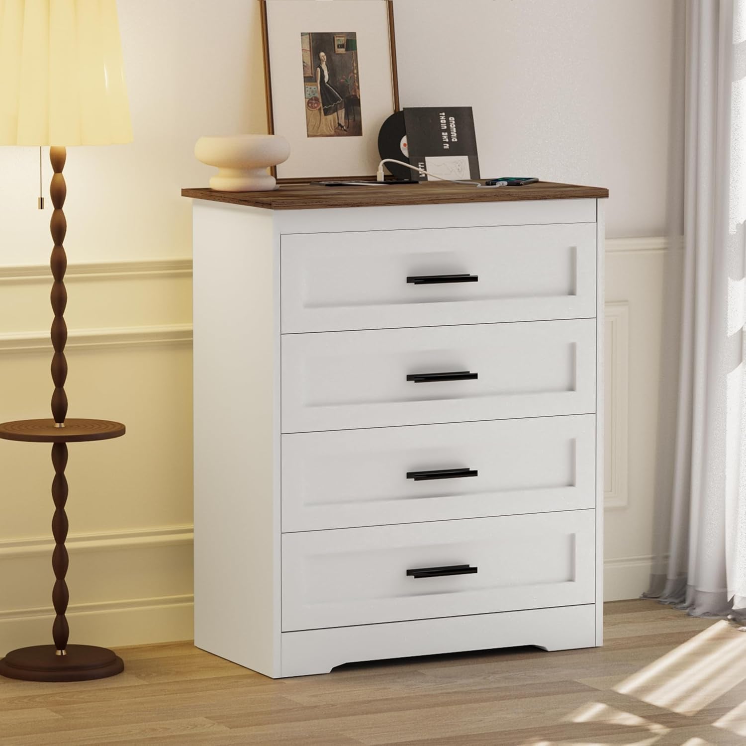 Farmhouse 4 Drawers Dresser for Bedroom Rustic Chest of Drawers with Natural Texture White Drawers Organizer for Living Room Hallway