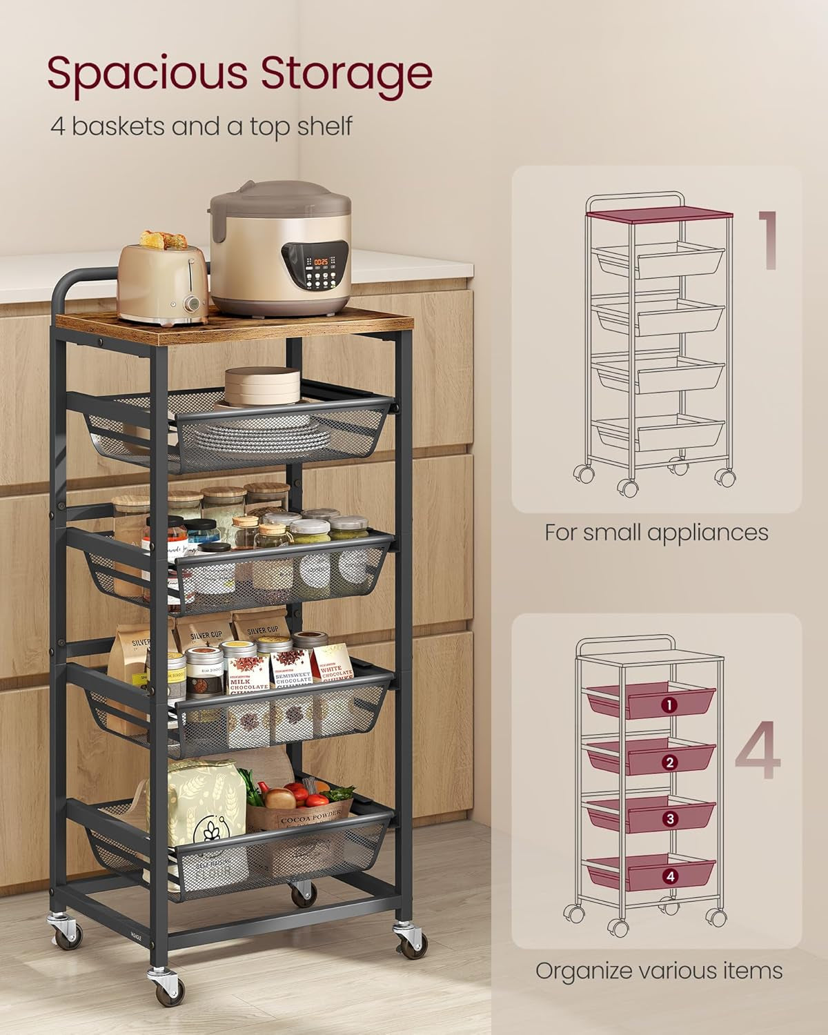 Storage Cart with Pull-Out Baskets, 5-Tier Kitchen Cart with Wheels, Handle, 12.5 X 15.8 X 37.4 Inches, Rustic Brown and Ink Black ULRC041K01