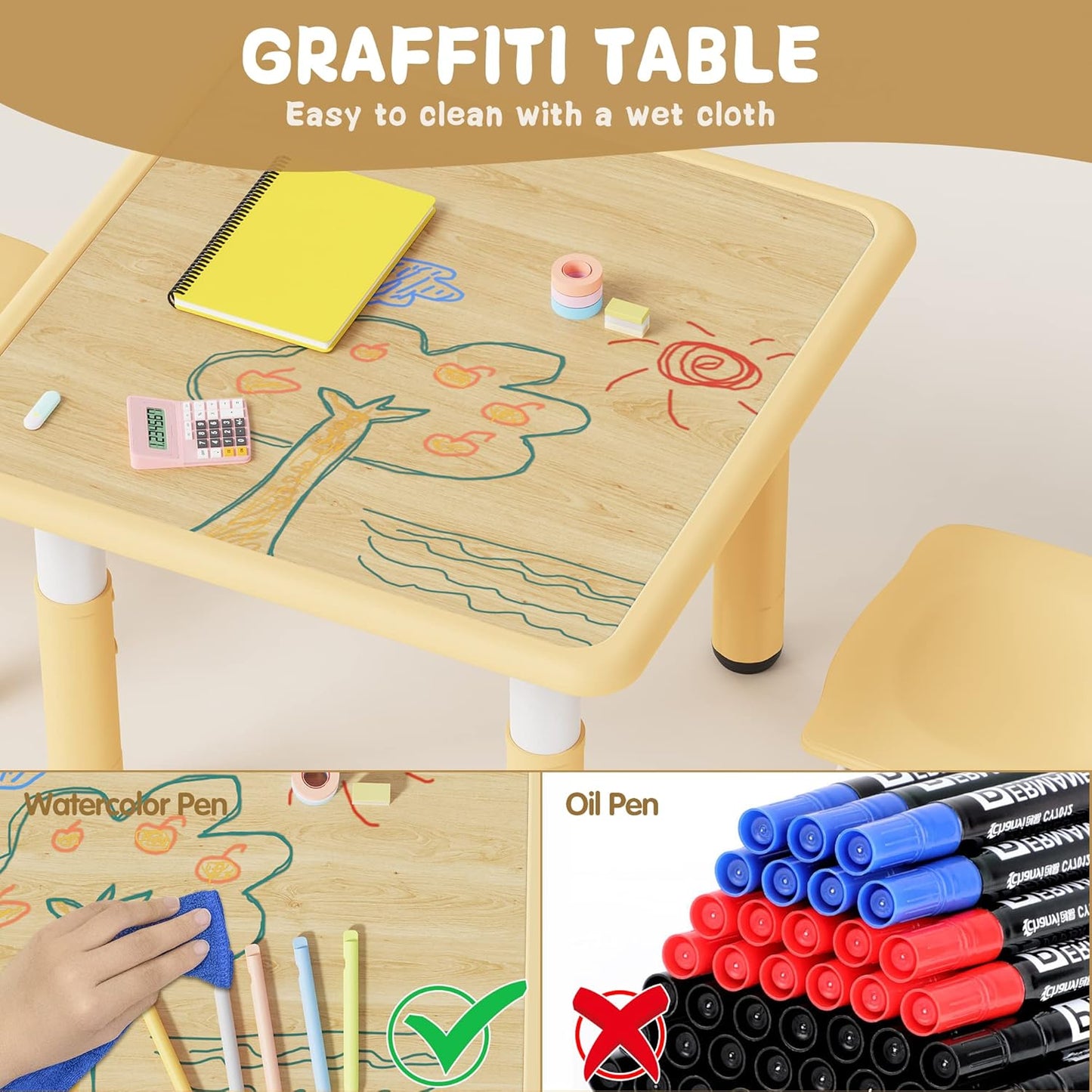 Kids Table and 2 Chairs Set, Height Adjustable Toddler Desk and Chair Set, Graffiti Desktop, Classroom/Daycare/Home, Children Multi-Activity Table for Ages 2-8