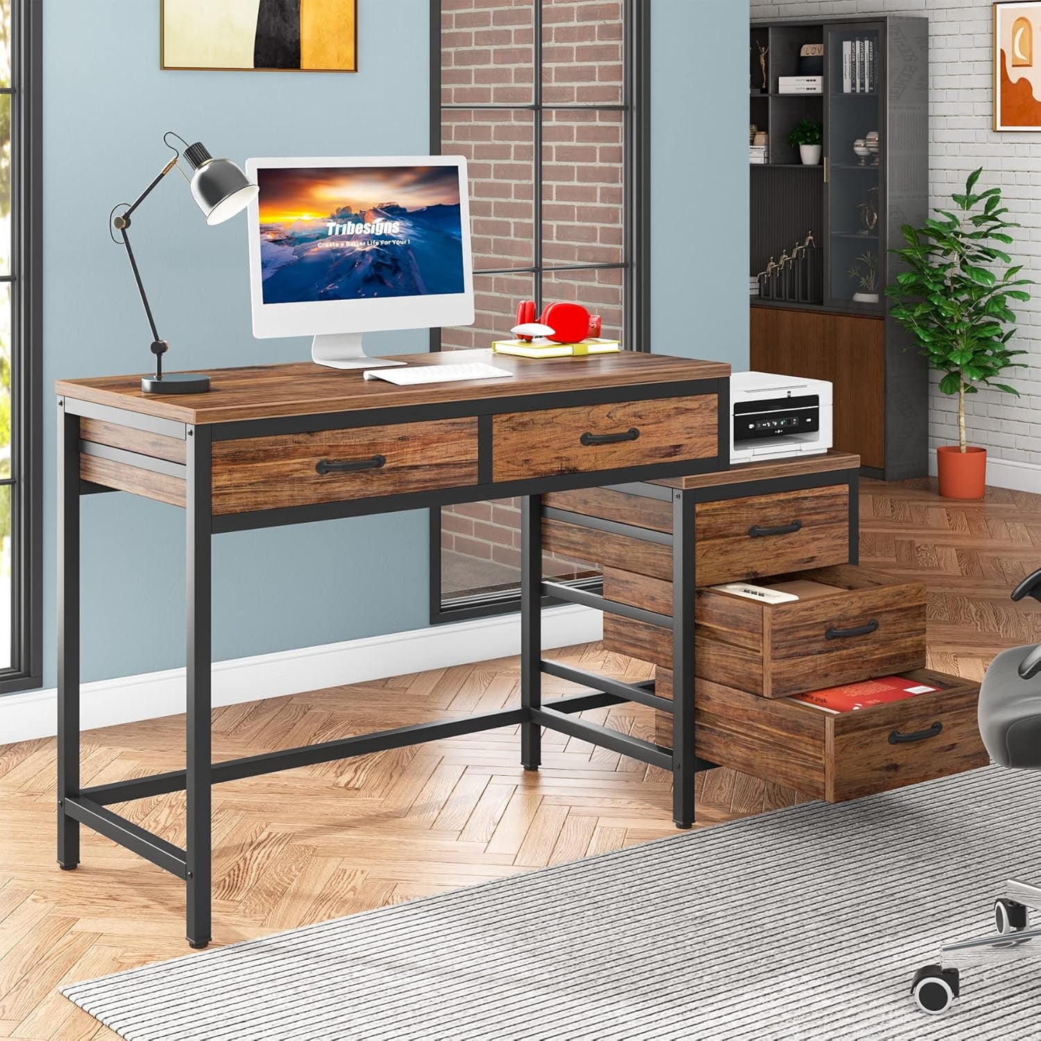 Computer Desk with 5 Drawers, Home Office Desks with Reversible Drawer Cabinet Printer Stand, Industrial PC Desk with Storage, Grey Study Writing Table Workstation for Small Spaces