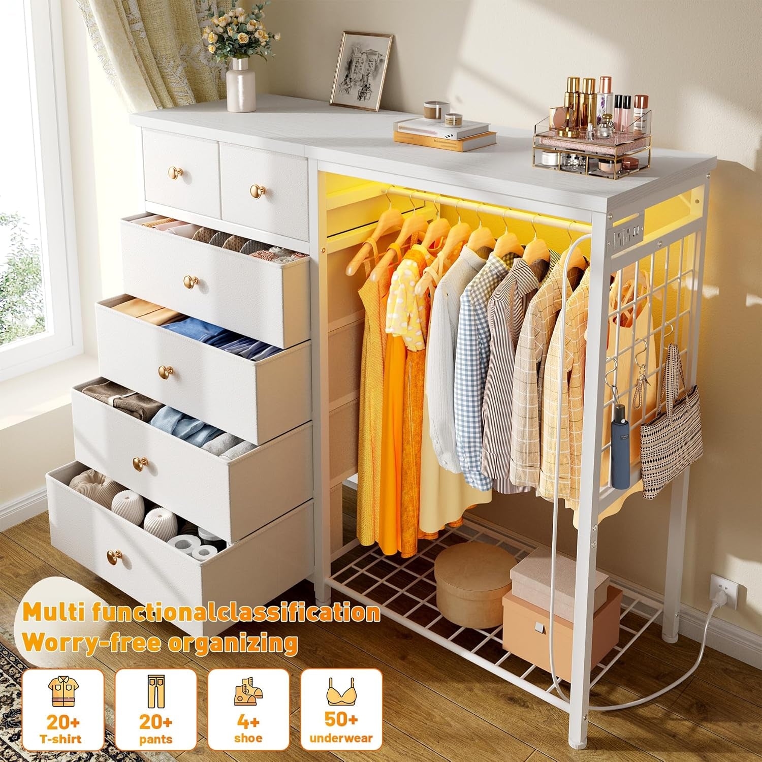 49.2" W White Dresser for Bedroom with Hanging Rack, 6 Drawers Dresser with LED Lights & Charging Station, Fabric Dressers & Chest of Drawers with Rack, Wooden Top, Grid Panel
