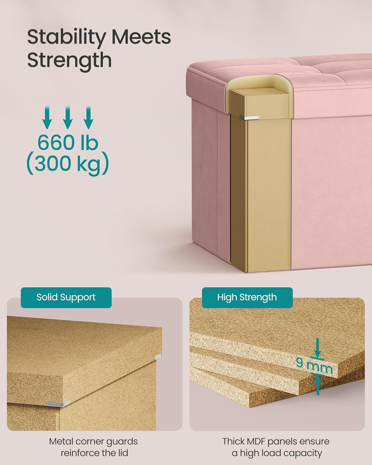 Mazie Collection - 43 Inches Storage Ottoman, Foldable Storage Bench with Flipping Lid, 660 Lb Load Capacity, for Entryway, Living Room, Bedroom, Velvet Fabric, Jelly Pink ULSF078SA01