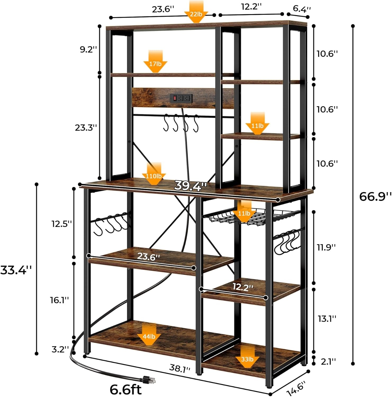 Large Bakers Rack with Power Outlets, 6-Tier Microwave Stand, Coffee Bar with 12 S-Shaped Hooks, Kitchen Shelf with Wire Basket, 39.4 X 14.6 X 66.9 Inches, Rustic Brown