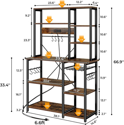 Large Bakers Rack with Power Outlets, 6-Tier Microwave Stand, Coffee Bar with 12 S-Shaped Hooks, Kitchen Shelf with Wire Basket, 39.4 X 14.6 X 66.9 Inches, Rustic Brown