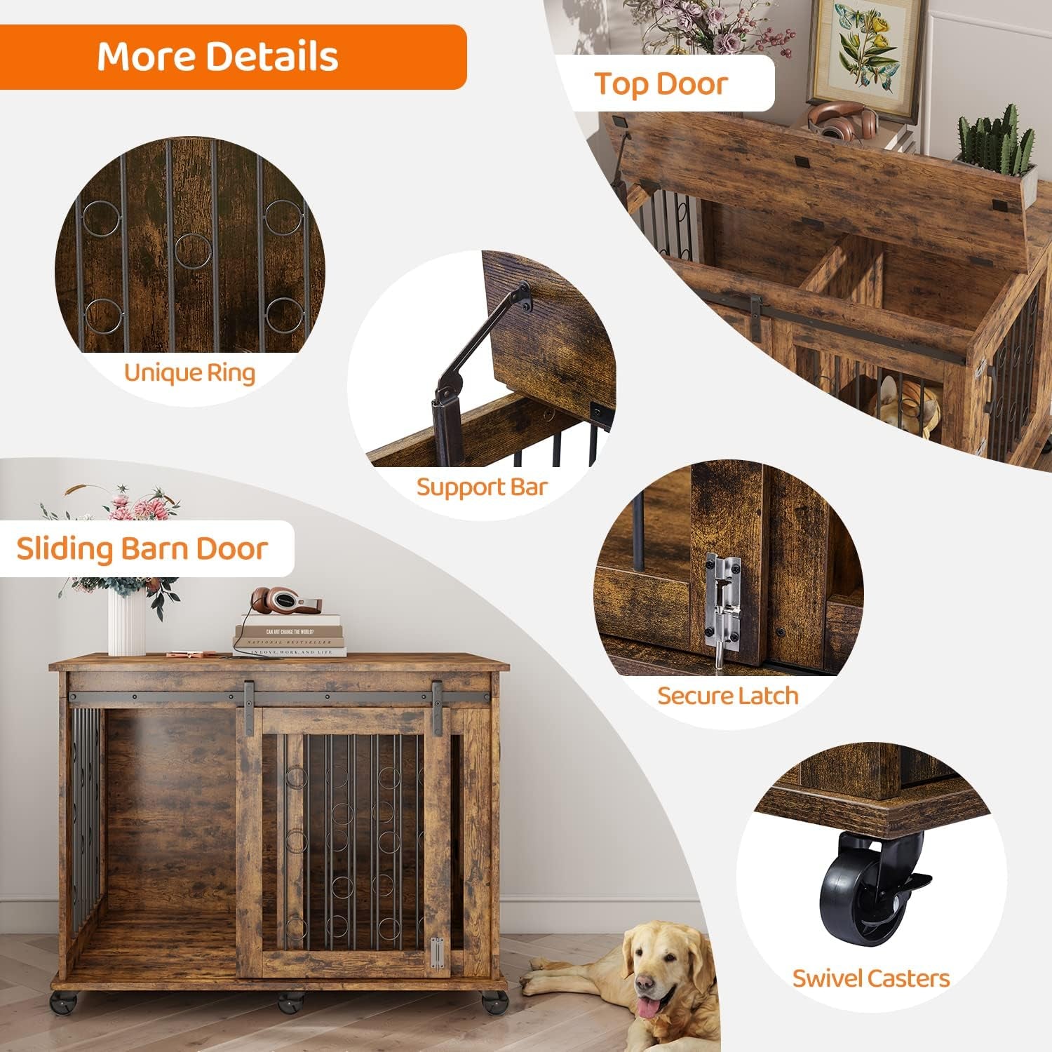 Dog Crate Furniture with Sliding Barn Door, 39" Wooden Dog Kennel End Table with Wheels and Flip-Top Plate Dog House with Detachable Divider for Small/Medium/Large Dog (Rustic Brown)