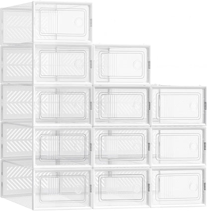 Stackable Shoe Boxes, Foldable Shoe Storage Organizers, Ventilated, for Max. Men'S Shoes US Size 9 or Women'S Shoes US Size 11, Sneakers, Set of 12, Transparent and White ULSP106W12V2