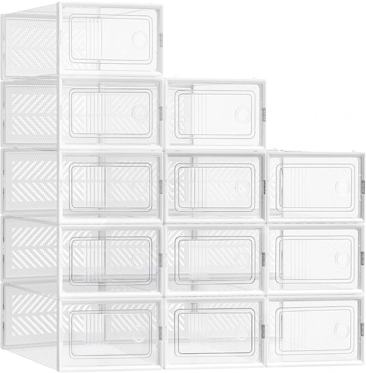 Stackable Shoe Boxes, Foldable Shoe Storage Organizers, Ventilated, for Max. Men'S Shoes US Size 9 or Women'S Shoes US Size 11, Sneakers, Set of 12, Transparent and White ULSP106W12V2