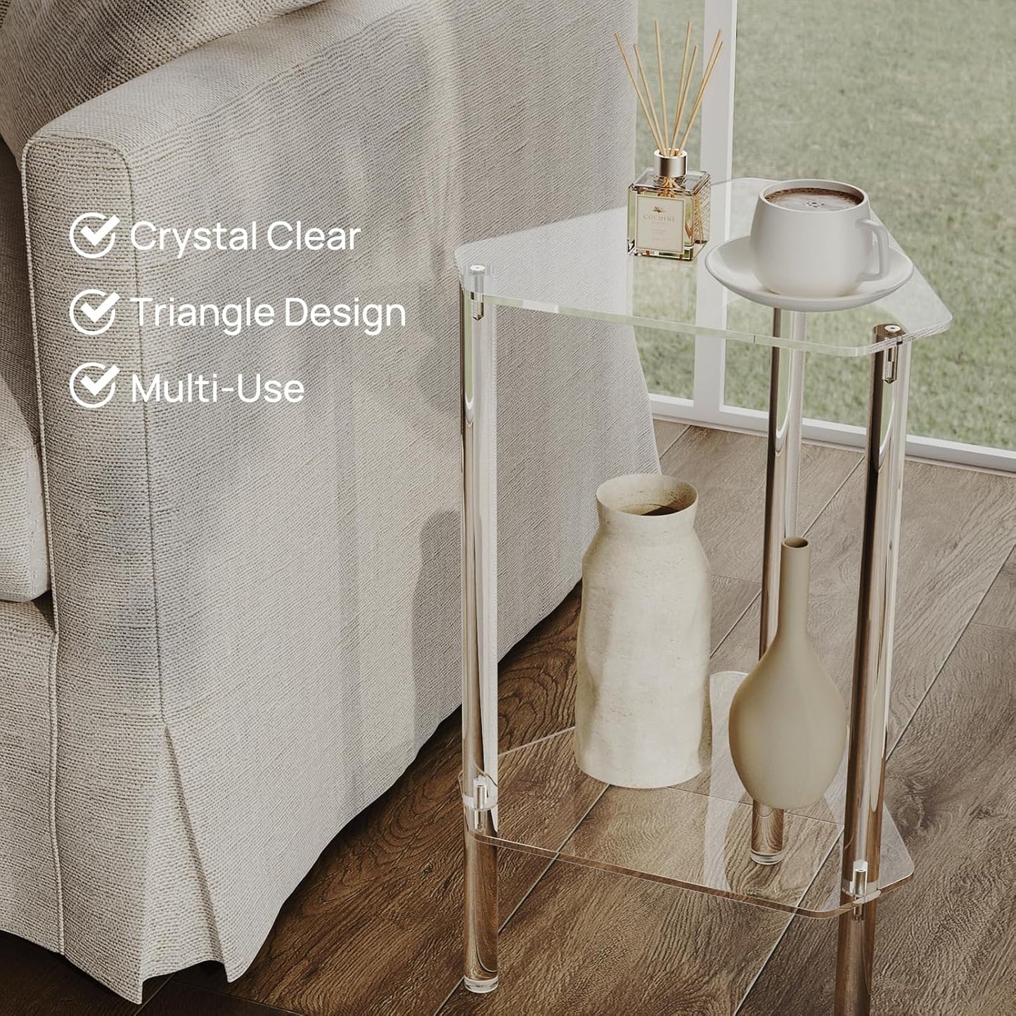 Clear Acrylic Triangle End Table, Corner Side Table for Small Spaces, Small Accent Table for Living Room, Bedroom and Balcony, Easy Assembly