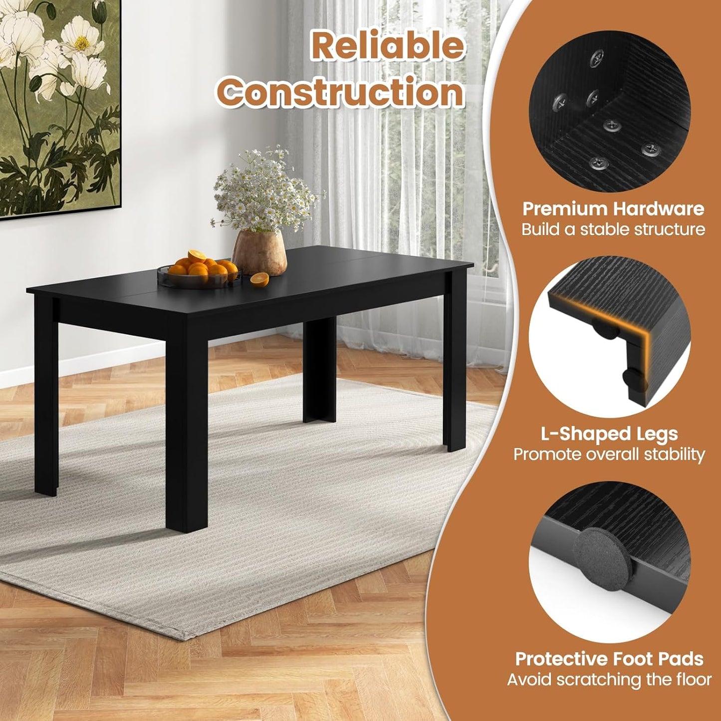 Dining Table for 6, Rectangular Kitchen Table with 330Lbs Capacity, Stable Structure, 63" L X 31.5" W X 30" H Large Farmhouse Center Tables for Dinner, Dinette, Dining Room, Black