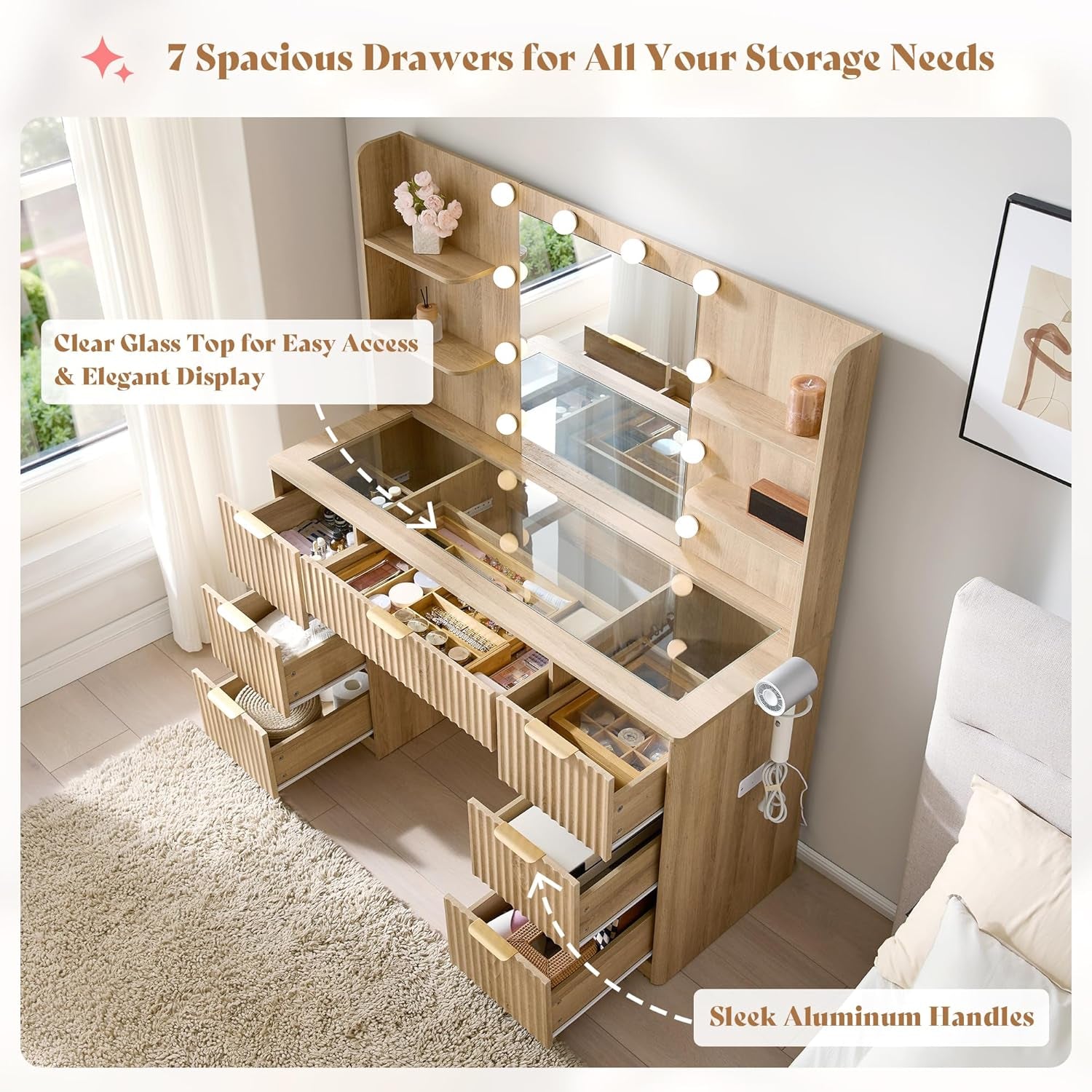 47.2" Fluted Vanity Desk with Mirror and Adjustable LED Lights, Large 7 Drawers Makeup Table with Glass Top and Charging Station for Women and Girls, Bedroom or Dorm, Natural Oak