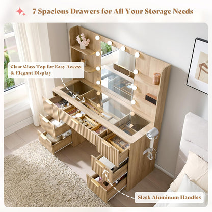 47.2" Fluted Vanity Desk with Mirror and Adjustable LED Lights, Large 7 Drawers Makeup Vanity Table with Glass Top and Charging Station for Women and Girls, Bedroom or Dorm, Natural Oak