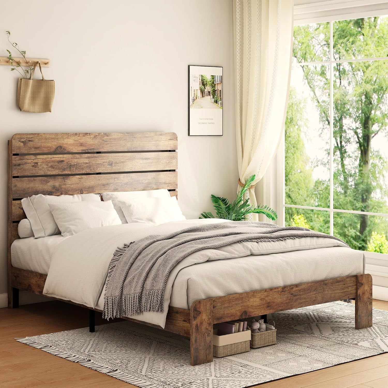 Queen Size Wooden Bed Frame with Headboard, Rustic Farmhouse Style Sturdy Bedframe with Wooden Slat Support, Noiseless, Easy to Assemble, No Spring Mattress Required. (Light Brown, Queen)