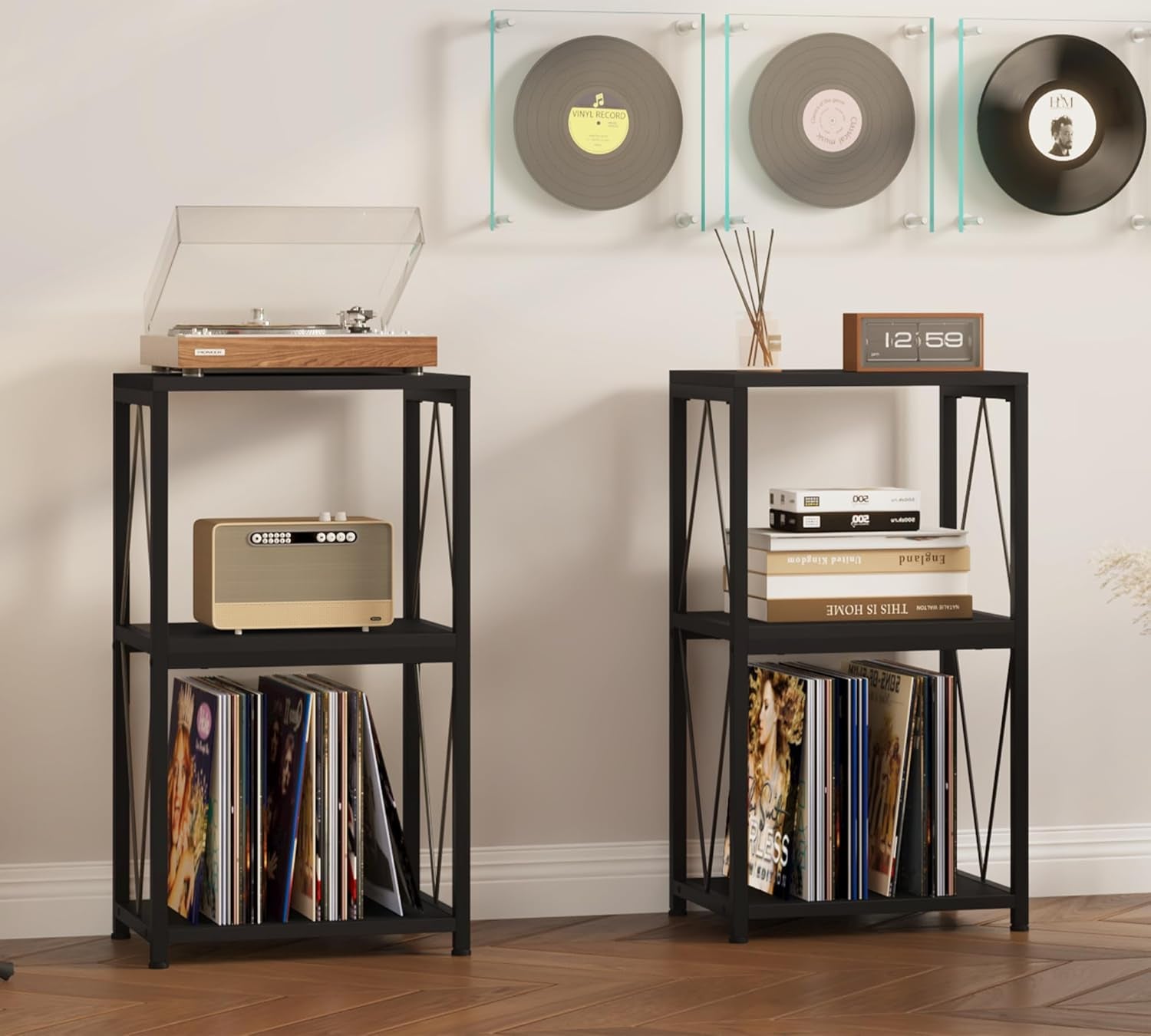 3-Tier Record Player Stand with Vinyl Record Storage, Turntable Stand Record Shelf Display Table for Album, Turntable Holder, End Table for Bedroom, Living Room, Black
