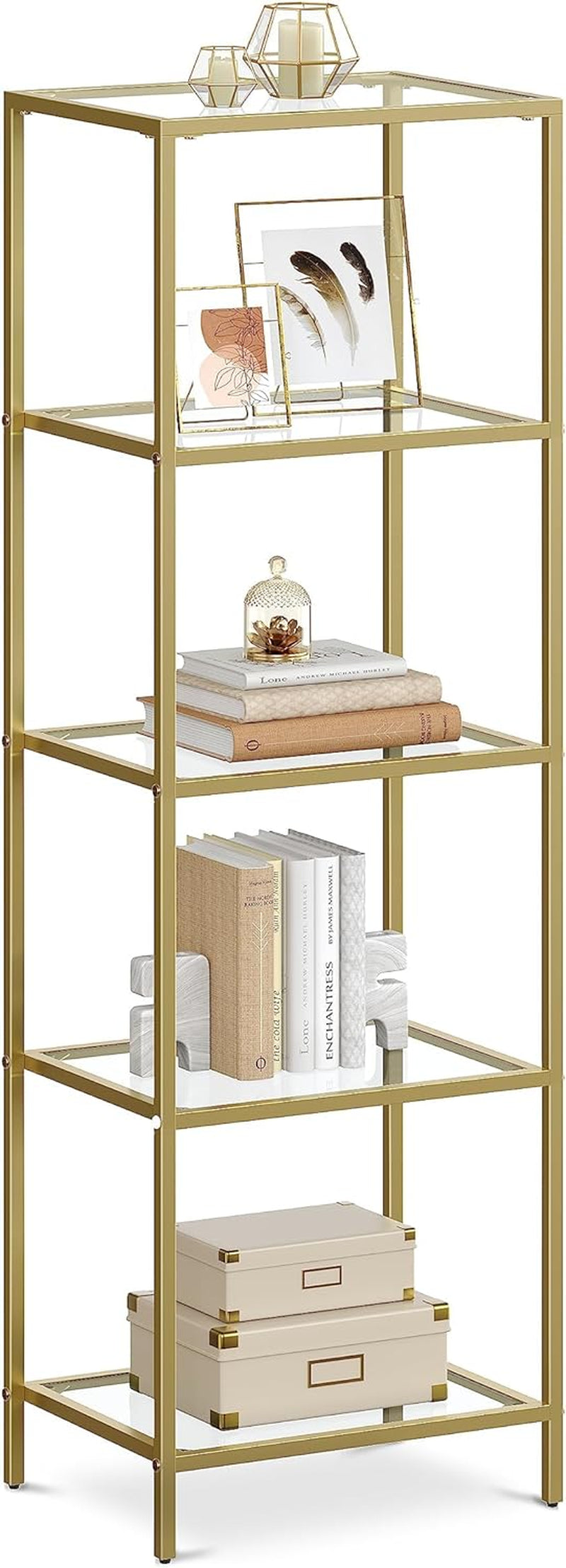 Bookcase, 4-Tier Bookshelf, Slim Shelving Unit for Bedroom, Bathroom, Home Office, Tempered Glass, Steel Frame, Ink Black ULGT028B61