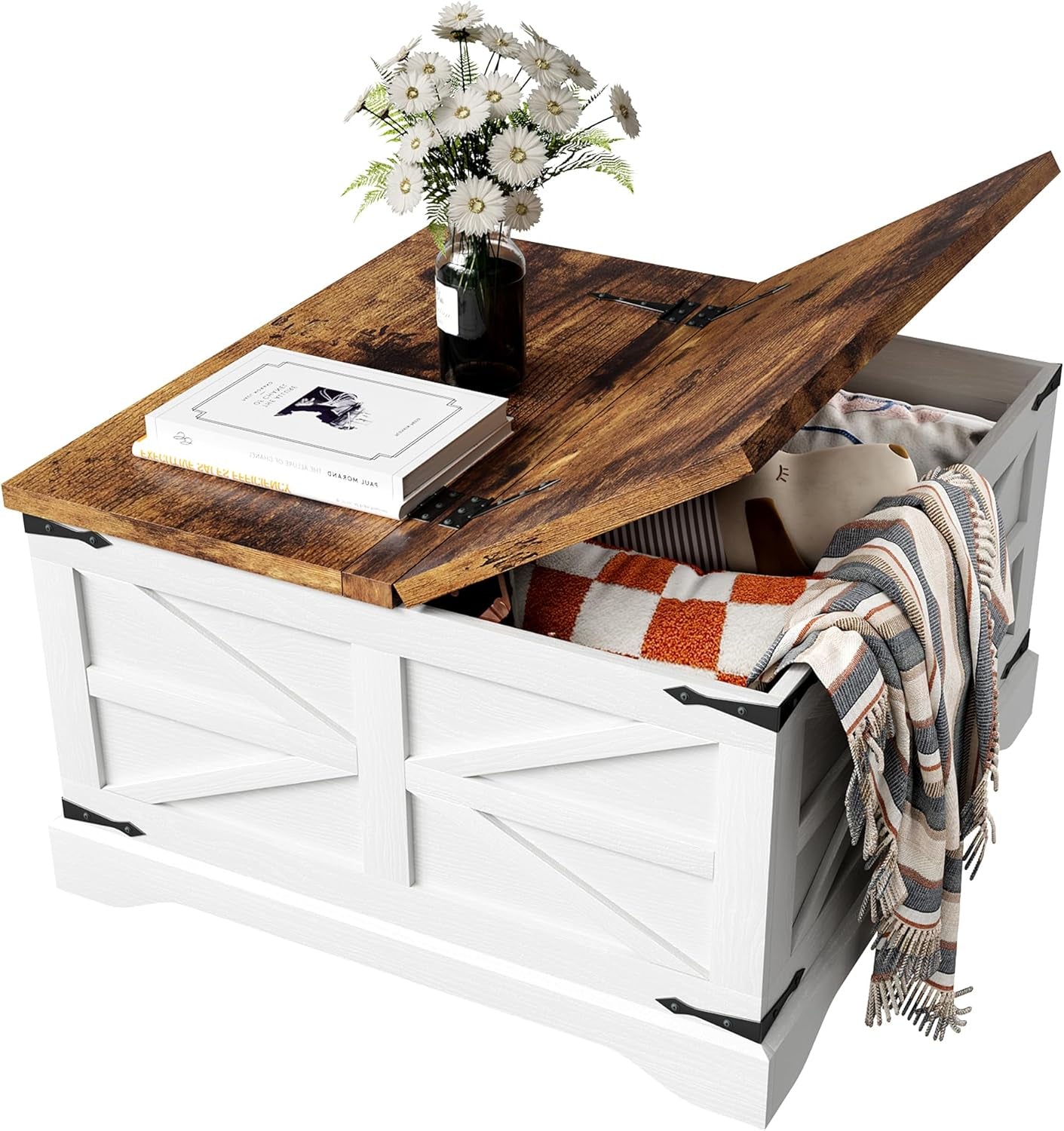Farmhouse Coffee Table with Storage, Square Coffee Tables for Living Room, Rustic Wood Center Table with Hinged Lifting Tabletop for Home, White