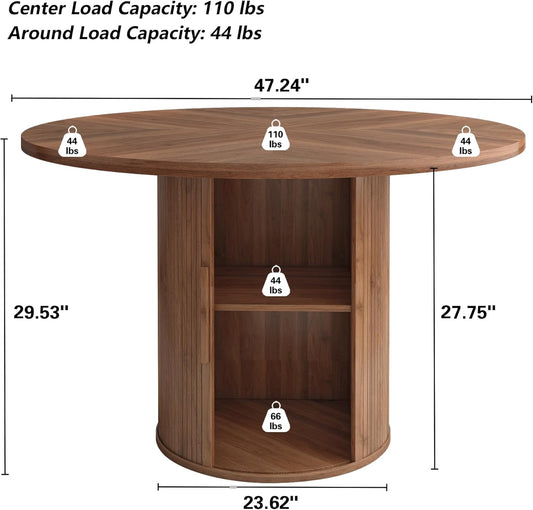 47 Inch round Dining Table for 4, Kitchen Table Dinner Table with 2-Layer Storage Shelf and Wood Slide Door for Home Dining Room Living Room (Walnut)