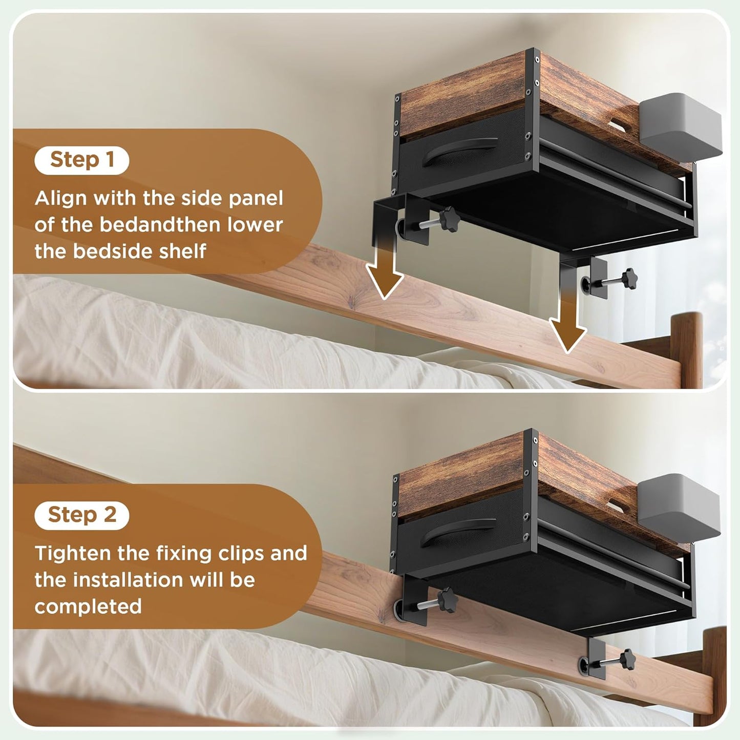 2 Tier Dorm Bed Shelf, Bedside Shelf for Dorm Top Bunk, Nightstand Bedside Table Tray with Fabric Drawer & Storage Box, Bunk Bed Shelf Bedside Tray with Cable Management for Dormitory