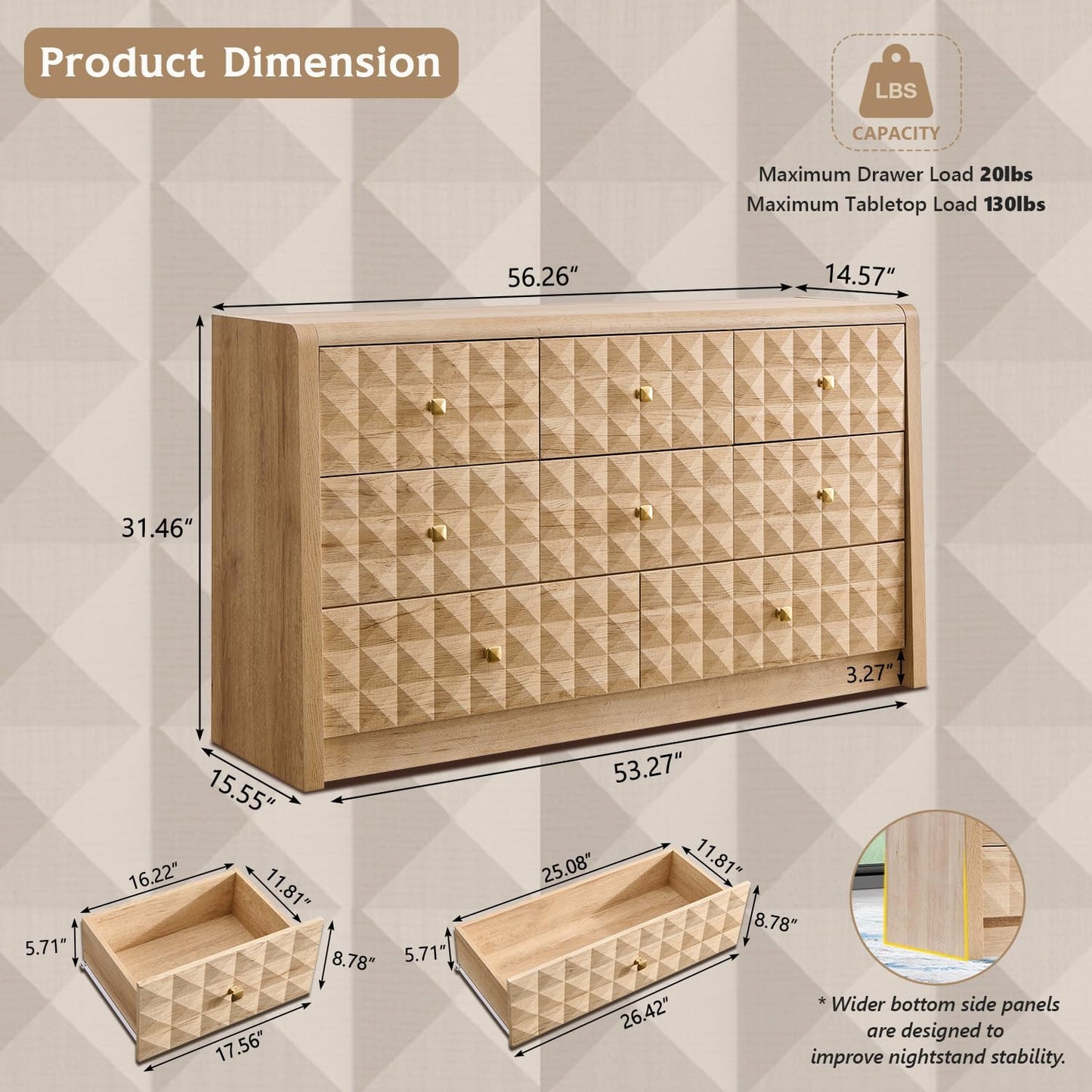 Modern 8 Drawer Dresser for Bedroom, Wooden Large Dressers &Chests of Drawers W/Two Different Drawer Sizes, Mid Century Modern Dresser W/Diamond Panel Decorate for Bedroom, Curved Profile Design,White