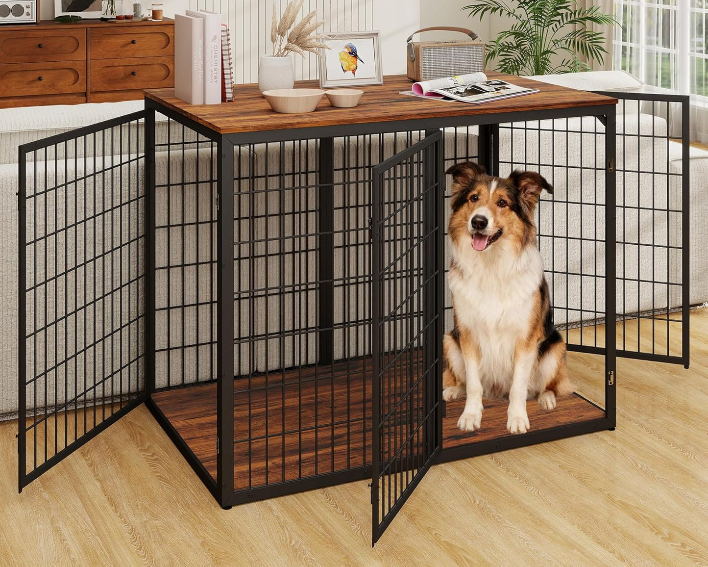 48" Dog Crate Furniture for Medium Large Dogs, Indestructible Large Dog Kennel Indoor with 3 Doors, Wooden Dog Cage Side End Table, Heavy Duty XL Dog Crate, Brown