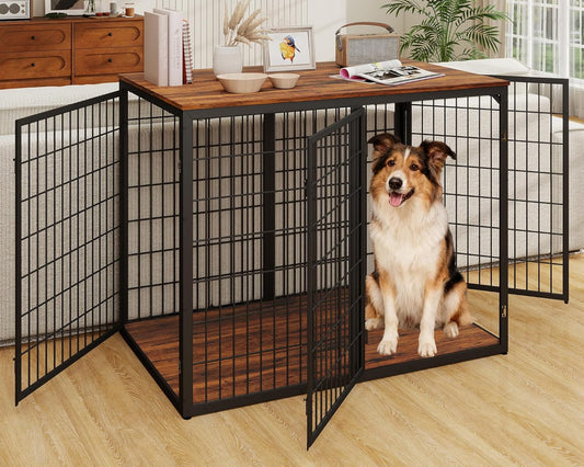 48" Dog Crate Furniture for Medium Large Dogs, Indestructible Large Dog Kennel Indoor with 3 Doors, Wooden Dog Cage Side End Table, Heavy Duty XL Dog Crate, Brown