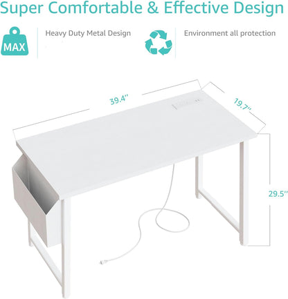 White Computer Desk with Power Outlet, 40 Inch Simple Teen Study Table Home Office Work Writing Desks with Charging Station Outlets USB Port Built In, Storage Pocket，White