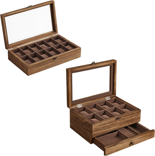 2 Items Bundle - Watch Boxes, 12-Slot Solid Wood Watch Box Organizer with Glass Lid, 2-Tier Watch Case with 8 Slots, Rustic Walnut UJOW008K01 and UJOW120K01