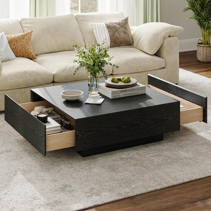 Modern Square Coffee Table with Drawers, 39.37" Wood Coffee Table for Living Room Home Office, Fully-Assembled Black