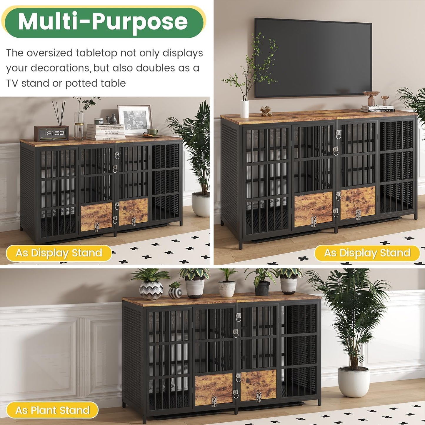 Large Dog Crate Furniture, 63 Inch Heavy Duty Double Dog Crate with Removable Divider, Extra Large Dog Kennel Furniture TV Stand Withtrays for 2 Large Dogs
