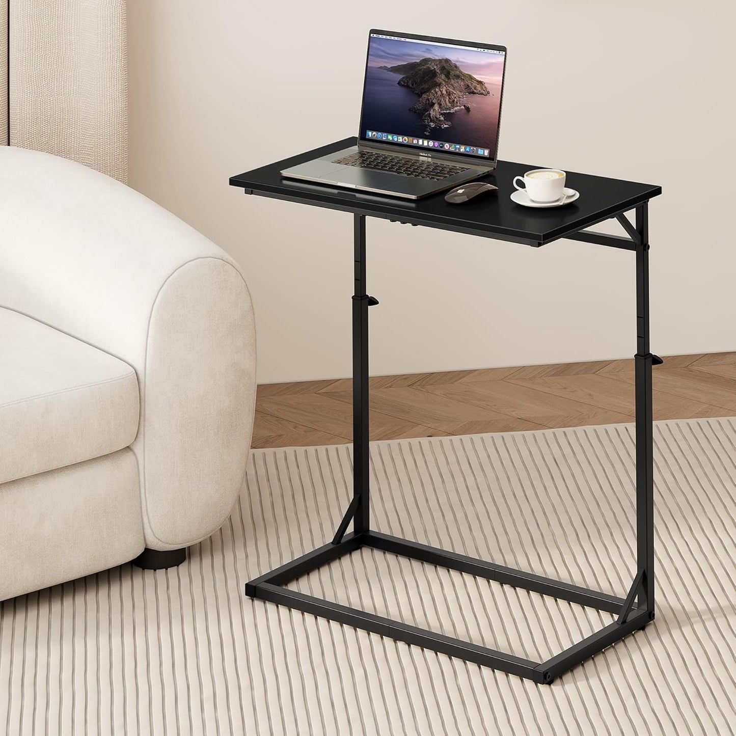 C Shaped End Table, 33"Tall Side Table for Couch, C-Table Sofa Table Adjustable Height Side Table, Large Surface Slide under Couch Table, Coffee Table TV Tray for Living Room, Bedroom, Black