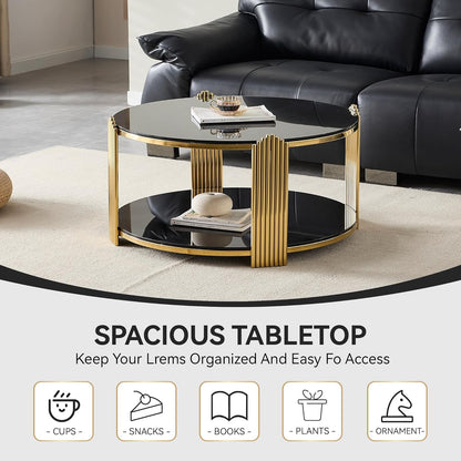 Round Living Room Table Set of 3 Include 1 Coffee Table and 2 End Tables, Black Tempered Glass Top, Sturdy Steel Frame, Gold Finish & Lower Shelf, Black Gold Coffee End Table Set for Living Room