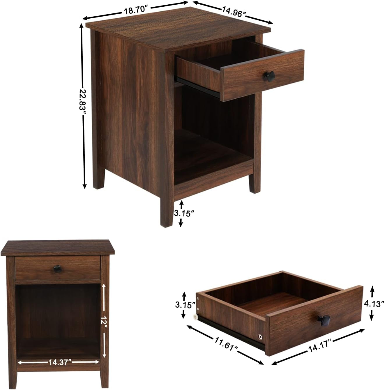 Bedroom Nightstands - Set of 2 Wooden Night Stands with Drawer for Home Bedside End Table Large Storage Furniture, Brown Wood Grain 18.11 in X 15.75 in X 23.62 In