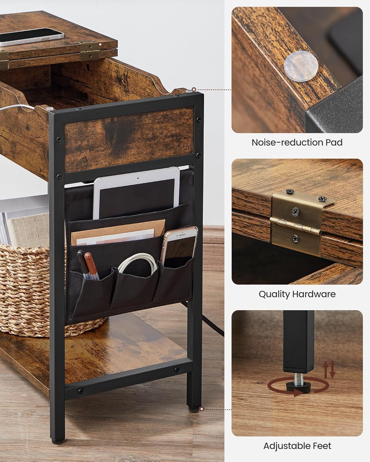 Side Tables with Storage, Set of 2 End Tables with USB Ports and Outlets, Nightstands with Charging Stations, Fabric Bags, for Living Room, Bedroom, Rustic Brown and Black ULET315B01V1