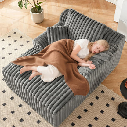 63" Oversized Chaise Lounge Chair Indoor, Boneless Couch Chair with 3 Pillows, Comfy Reading Chair with Wide Arms, No Assembly Required Corduroy Couch, Sleeper Sofa for Living Room, Gray