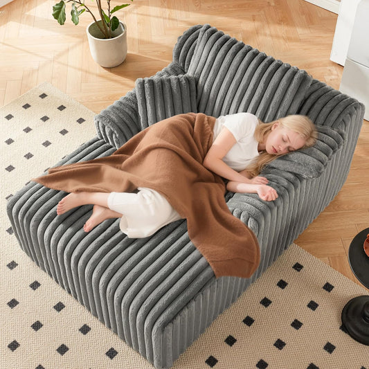 63" Oversized Chaise Lounge Chair Indoor, Boneless Couch Chair with 3 Pillows, Comfy Reading Chair with Wide Arms, No Assembly Required Corduroy Couch, Sleeper Sofa for Living Room, Gray