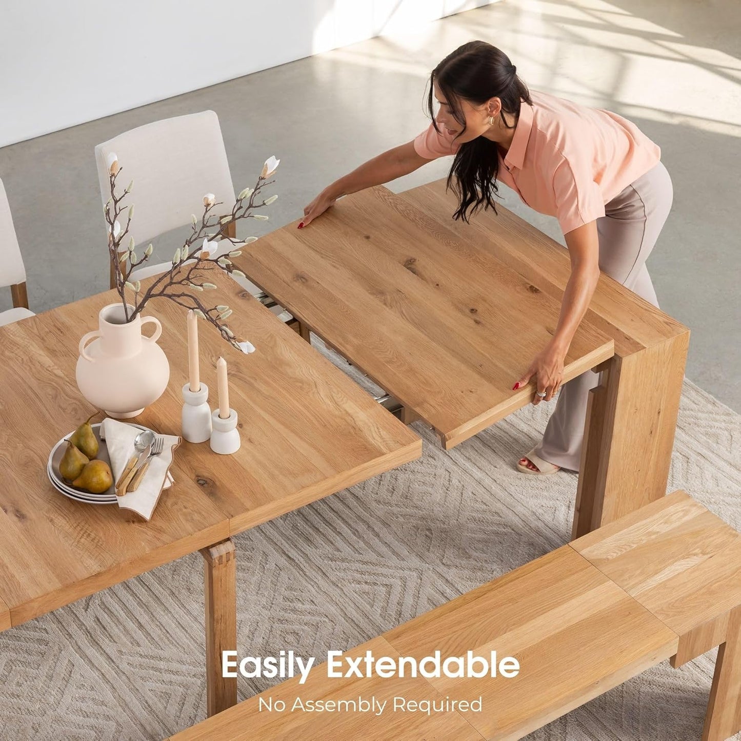 - Solid Wood Extendable Dining Table with Bench and Sideboard Storage, Seats 2-12, Space-Saving Furniture, Scandinavian Oak, Natural Finish (Table + Bench + Coffe Table)