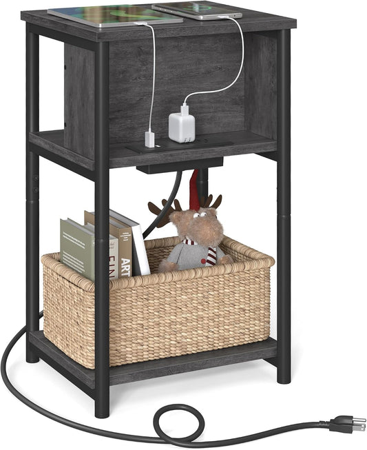 Side Table with Charging Station, 3-Tier End Table with USB Ports and Outlets, Nightstand for Living Room, Bedroom, 11.8 X 13.4 X 22.8 Inches, Plug-In Series, Misty Gray and Black