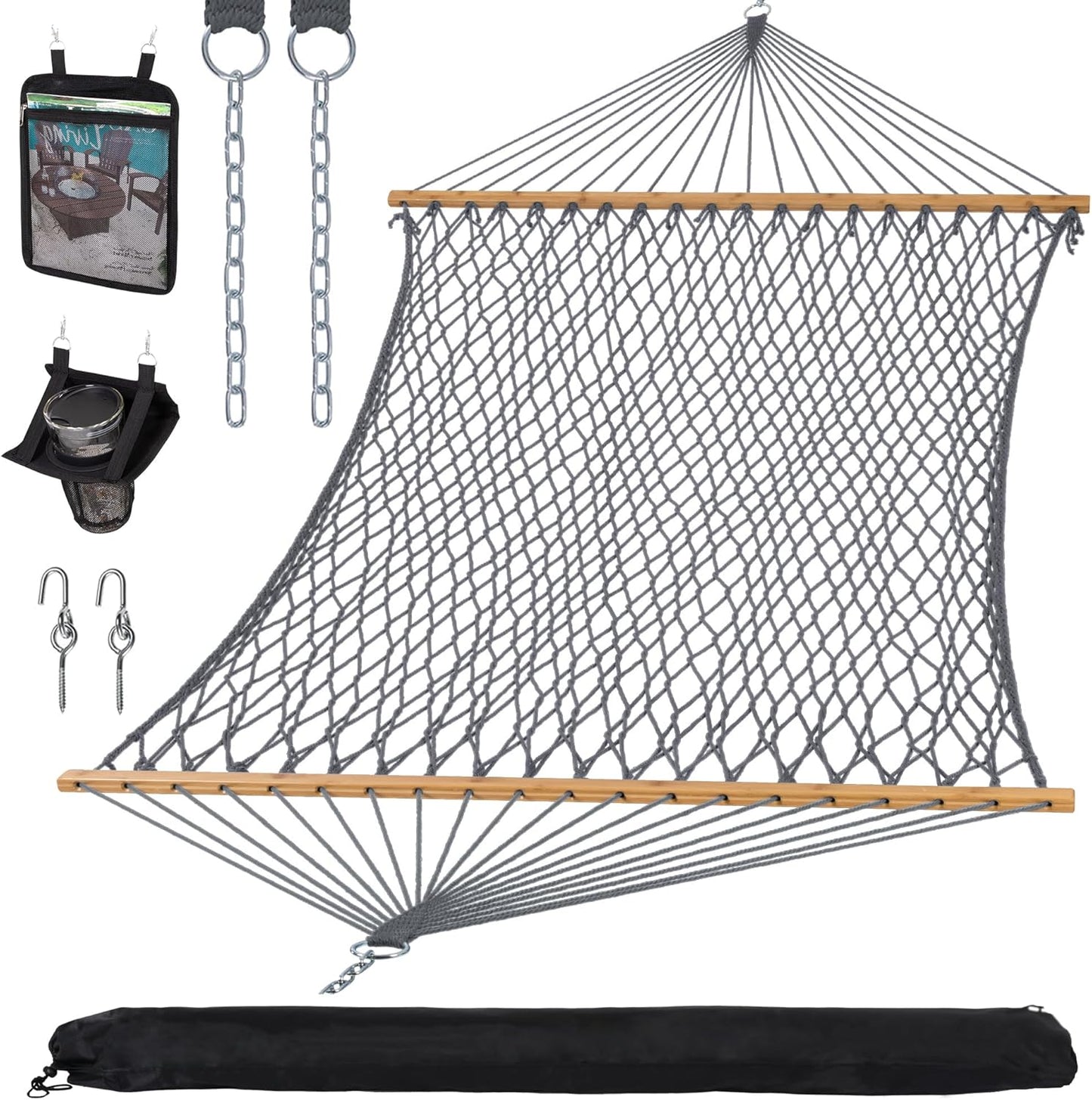 Double Outdoor Hammock, Polyester Rope Hammock with Strong Spreader Bar, Gray