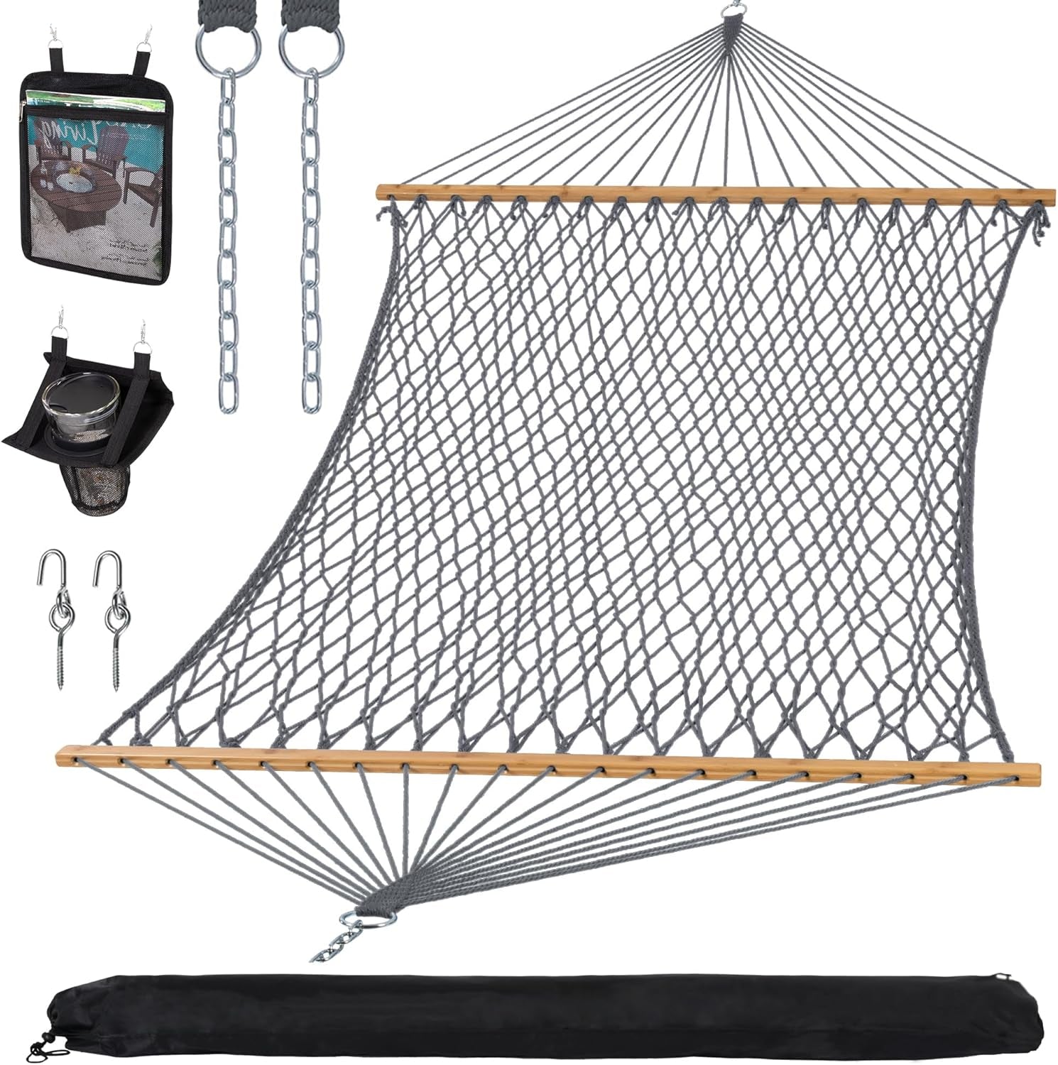 Double Outdoor Hammock, Polyester Rope Hammock with Strong Spreader Bar, Gray