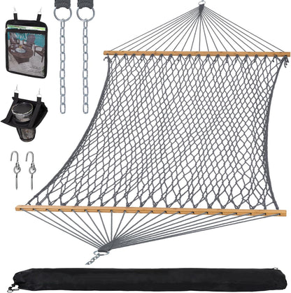 Double Outdoor Hammock, Polyester Rope Hammock with Strong Spreader Bar, Gray